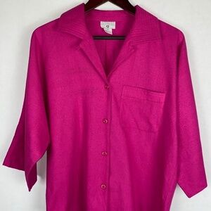Vintage Georgiou Silk Hot Pink Button Down Top Blouse 3/4 Sleeves Medium EUC